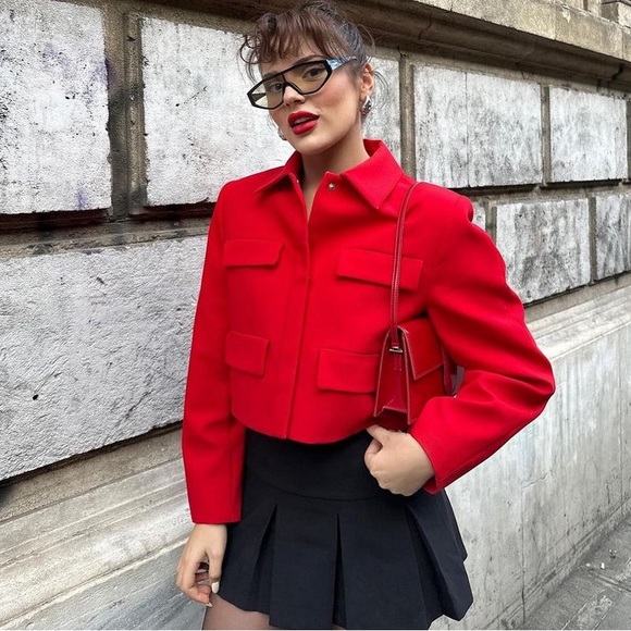 ZARA WOMEN RED SHORT CROPPED FLAP JACKET BLAZER WITH FLAPS - Picture 9 of 15